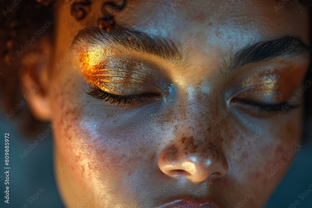 Close-up portrait of a young attractive dark-skinned woman with closed eyes and golden shadows on her eyelids. Freckles on dark skin. Generated by artificial intelligence Close-up portrait of a young attractive dark-skinned woman with closed eyes and golden shadows on her eyelids. Freckles on dark skin. Generated by artificial intelligence