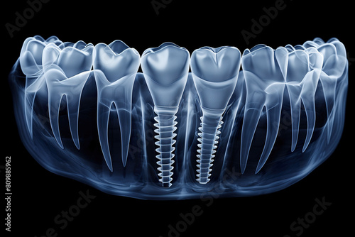 X-ray view of dental implants in human jaw. 