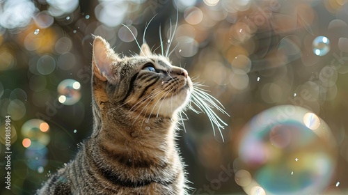 Enchanting tabby cat admiring sparkling bubbles on a sunny day
