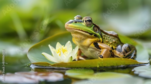 A beautiful green frog sits on a lily pad in a pond. The frog is looking out at the world with its big  round eyes.