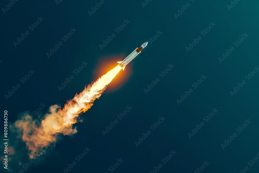 rocket exiting earths atmosphere into space aesthetic minimal documentary film style photograph