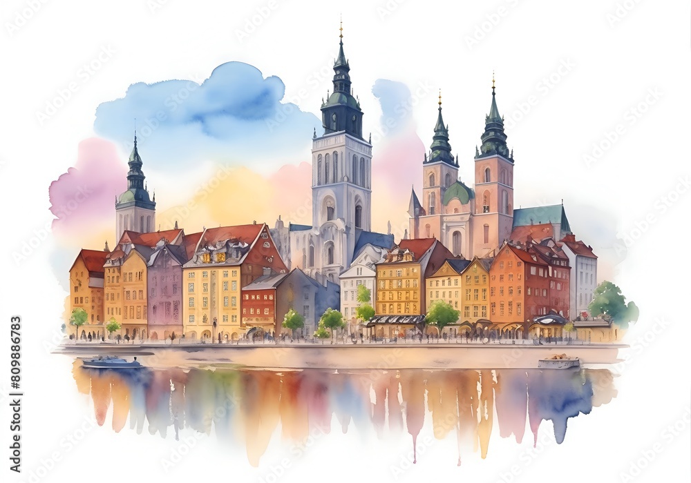 Fototapeta premium Poland Country Landscape Watercolor Illustration Art