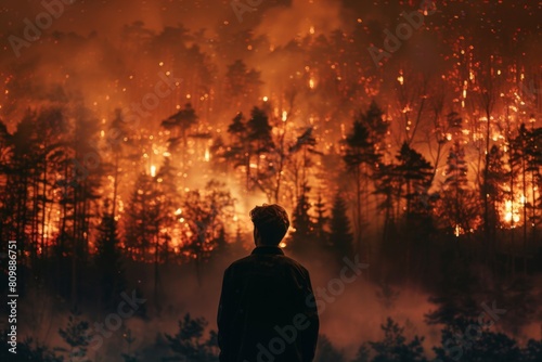 A man stands in front of a forest fire, looking at the flames.
