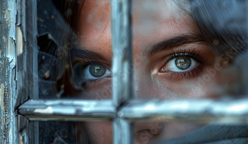 Mysterious gaze through shattered glass - a portrait of intrigue and intensity photo