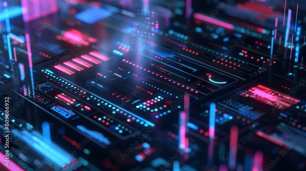 Close-up of a detailed neon circuit board with red and blue lighting. Futuristic digital display with glowing financial graphs and diagrams, abstract 3D illustration.