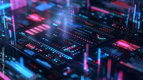 Close-up of a detailed neon circuit board with red and blue lighting. Futuristic digital display with glowing financial graphs and diagrams, abstract 3D illustration.