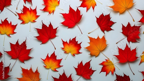 Bright red and orange fall leaves strewn across a serene backdrop against plain white background