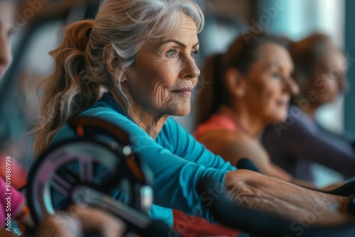 senior woman exercising on stationary bike in gym with group healthy active lifestyle