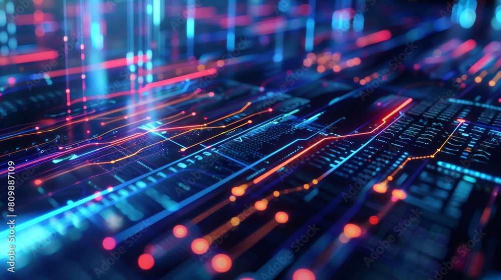 Close-up of a detailed neon circuit board with red and blue lighting. Futuristic digital display with glowing financial graphs and diagrams, abstract 3D illustration.