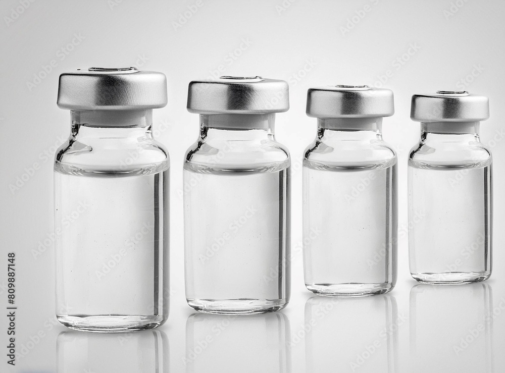 Vaccine clear glass injection vials set isolated. 3d rendering mockup. 
