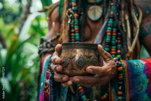 shaman holding sacred ayahuasca cup in costa rican yoga retreat ceremony photo