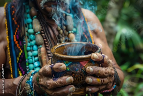 shaman holding sacred ayahuasca cup in costa rican yoga retreat ceremony photo