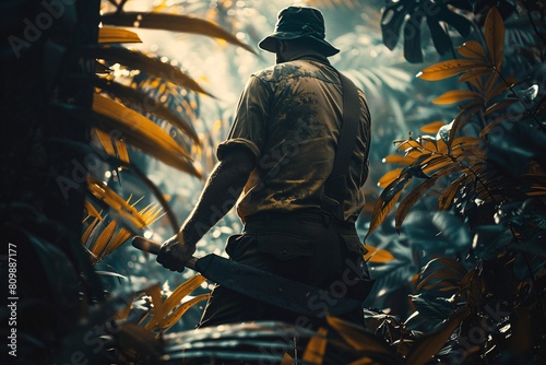 Fototapeta Naklejka Na Ścianę i Meble -  An intrepid explorer cutting through lush jungle with a machete, symbolizing adventure and determination