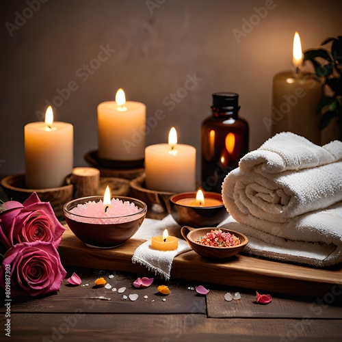 erene beauty treatment setting with the inclusion of massage stones, fragrant orchid flowers, cozy towels, and softly burning candles. photo