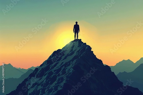 silhouette of businessman standing on mountain peak feeling happy and successful leadership and achievement concept ai generated illustration © furyon
