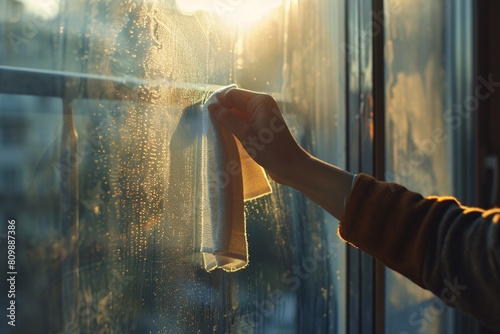 An intimate shot capturing someone wiping down a smudged glass door with a soft cloth, sunlight streaming through, promoting transparency and cleanliness