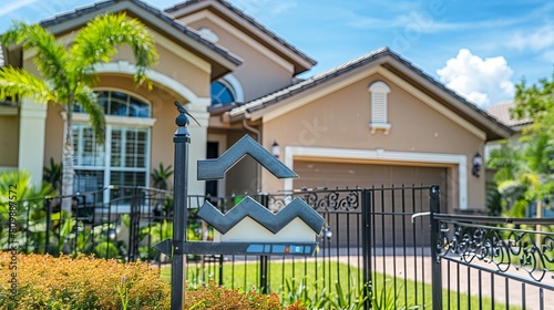 A sign with an upward arrow in front of a gated house, symbolizing rising home prices and real estate values