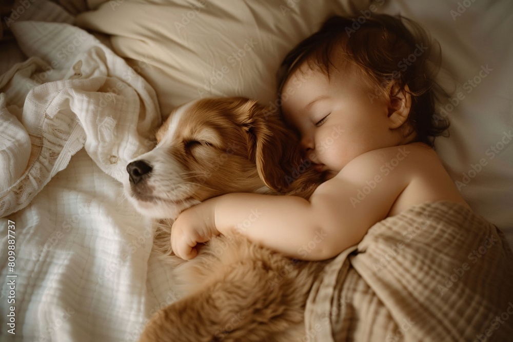 An intimate close-up image capturing the serene slumber of a baby cradled in the arms of a sleeping puppy, with soft moonlight filtering through curtains, exuding a sense of protection An intimate close-up image capturing the serene slumber of a baby cradled in the arms of a sleeping puppy, with soft moonlight filtering through curtains, exuding a sense of protection