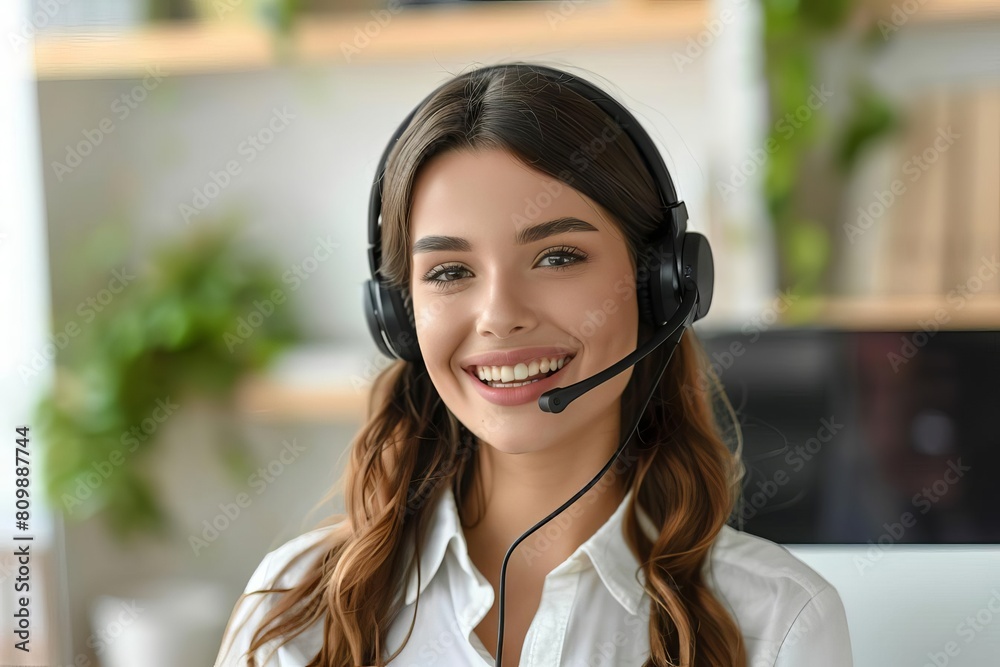 smiling female customer service representative with headset in call center crm mockup smiling female customer service representative with headset in call center crm mockup