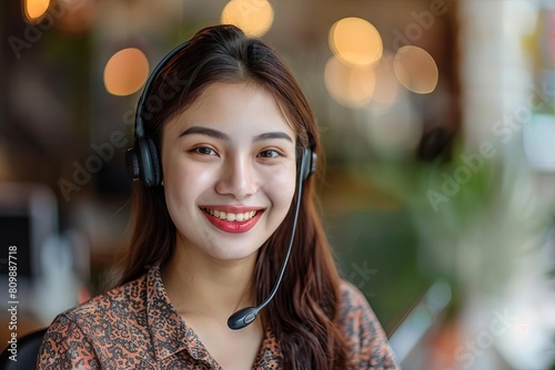 smiling female customer service representative with headset in call center crm mockup photo