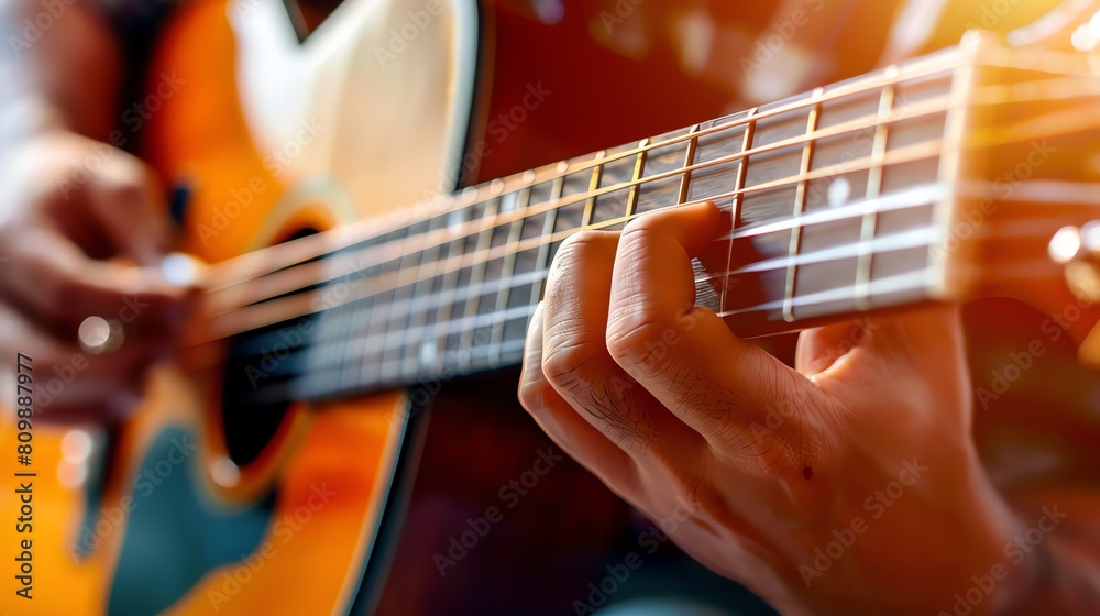 Fototapeta premium Close-up of a male hand playing an acoustic guitar. The guitarist's fingers are strumming the strings, and the guitar is producing a beautiful sound.