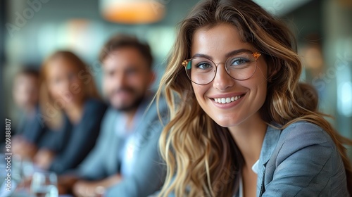 Business woman with glasses, smiling during a collaborative team meeting © Paworn