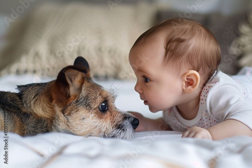 Adorable moment of a baby's first encounter with a pet