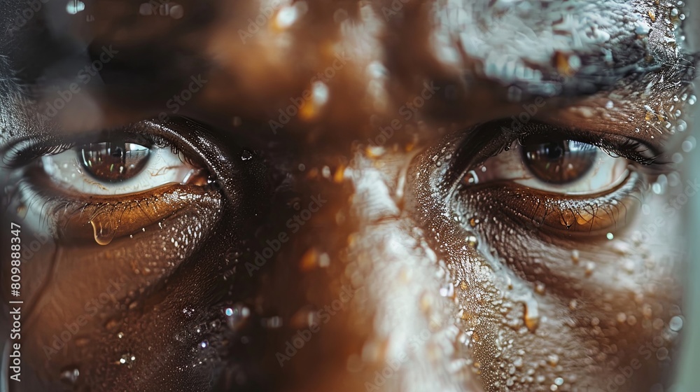 Intense gaze through rain-soaked window reflection Intense gaze through rain-soaked window reflection