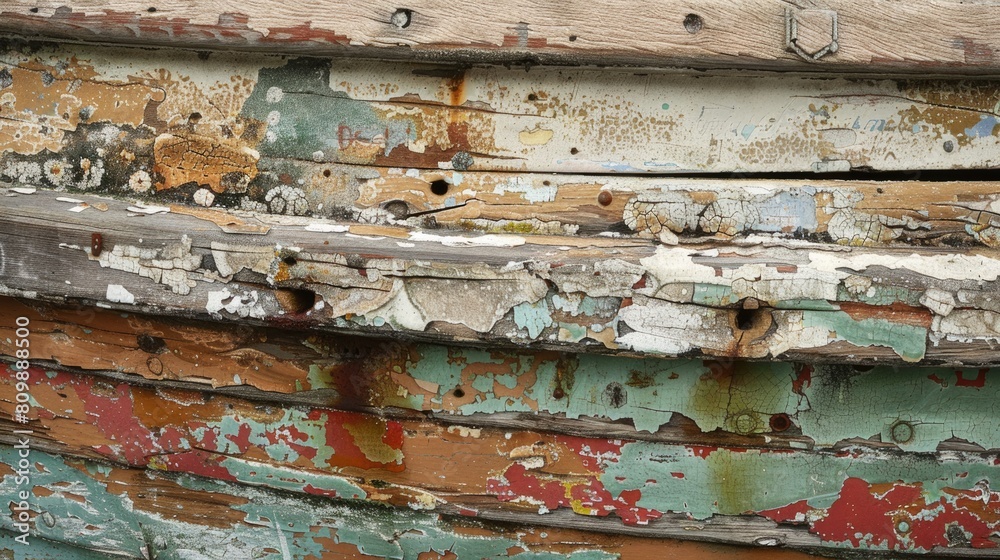 Aged wooden boat surface detailed with cracked and peeling paint in a palette of sea-worn hues
Aged wooden boat surface detailed with cracked and peeling paint in a palette of sea-worn hues
