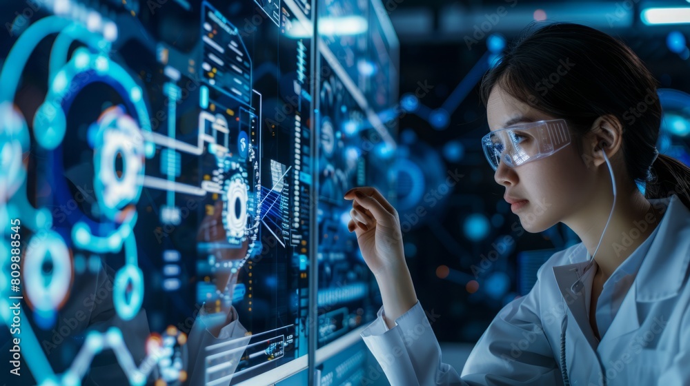 A female scientist in a white lab coat focused on analyzing data on a computer screen. A female scientist in a white lab coat focused on analyzing data on a computer screen.