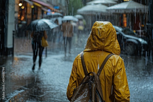 A gripping shot capturing a soaked woman navigating through a torrential rainstorm, illustrating resilience and tenacity