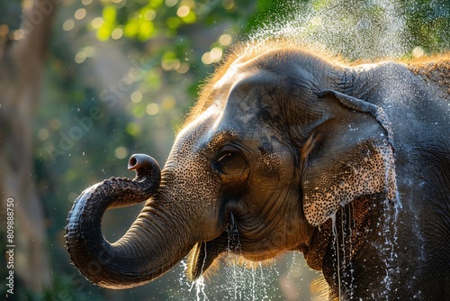 A focused view of an elephant during a shampoo session  with bright colors and natural lighting highlighting the cleansing ritual