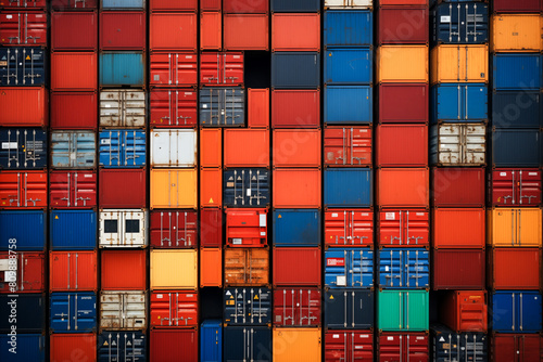 Vivid, color-blocked shipping containers stacked, showcasing the complexity of commerce.