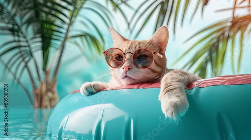 Relaxed cat lounging on inflatable pool ring with sunglasses © volga