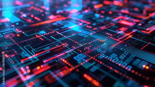 Close-up of a detailed neon circuit board with red and blue lighting. Futuristic digital display with glowing financial graphs and diagrams, abstract 3D illustration.