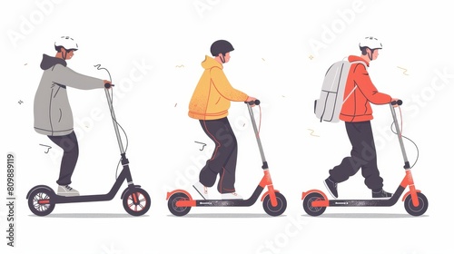 three young guys riding electric scooters illustration on white background