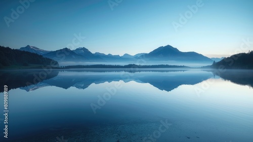 Calm lake at dawn reflecting a mist-covered mountain range, creating a tranquil and serene atmosphere. 
