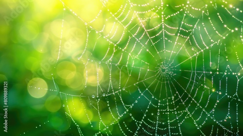 Close-up of dew-laden spider web sparkling in morning light with bokeh background in green tones 