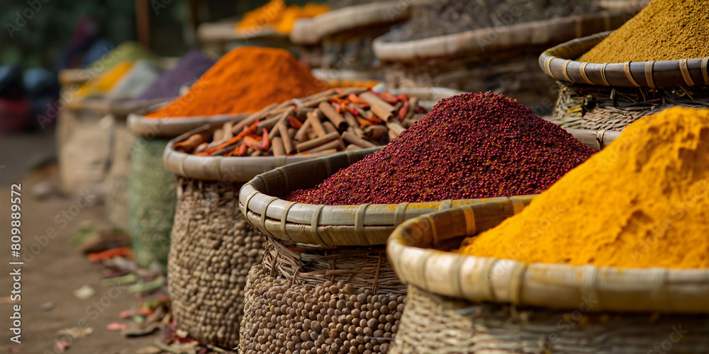 Fototapeta premium Banner of spice market In Maroco. A line of people in vibrant traditional costumes harvest spices and herbs. A typical scene in African markets. Spices for Indian, Asian and Mexican food