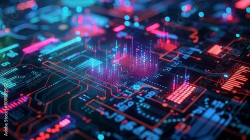 Close-up of a detailed neon circuit board with red and blue lighting. Futuristic digital display with glowing financial graphs and diagrams, abstract 3D illustration.