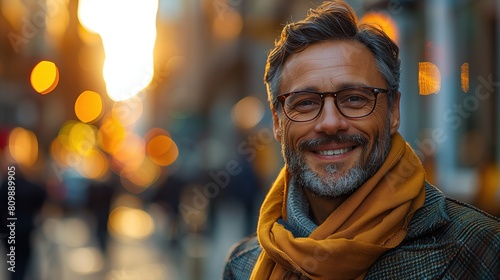 Man wearing glasses and a yellow scarf, captured against a backdrop of golden hour city lights, exuding warmth and charisma photo