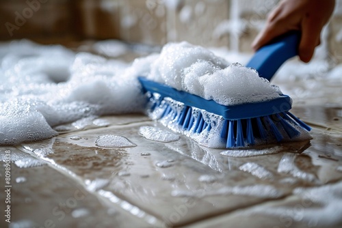 A close-up scene of a person scrubbing a dirty tile floor with a blue brush, surrounded by suds, showcasing determination and cleanliness photo