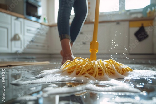 A close-up scene of a person scrubbing a dirty kitchen floor with a yellow mop, surrounded by soapy bubbles, showcasing cleanliness and effort