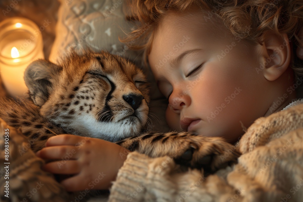 A close-up portrait of a peacefully sleeping child cradled in the arms of a snoozing cheetah cub, with soft candlelight creating a warm and cozy atmosphere, emanating love and fascination A close-up portrait of a peacefully sleeping child cradled in the arms of a snoozing cheetah cub, with soft candlelight creating a warm and cozy atmosphere, emanating love and fascination