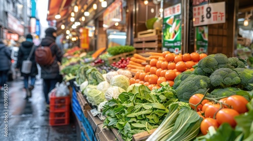 Vibrant street market scene with shoppers and fresh vegetables in sharp focus  showcasing daily urban life 