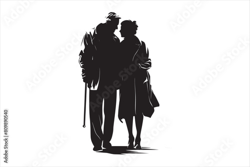 Old couple silhouettes Vector. Grandpa and Grandma with Grandchildren Silhouettes set.