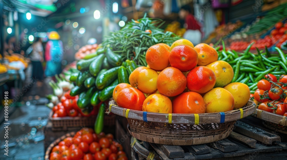 Vivid display of fresh tomatoes and citrus fruits in a traditional market, showcasing rich colors and fresh produce
