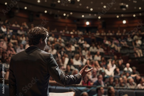 A businessman delivering a motivating speech to his employees in a packed auditorium photo