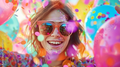 Confetti falling on happy woman in sunglasses.
