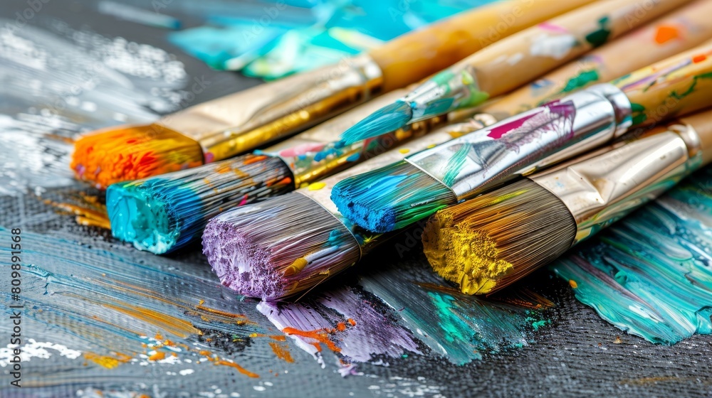 Fototapeta premium Assortment of different artistic paint brushes lined up in close-up on canvas background